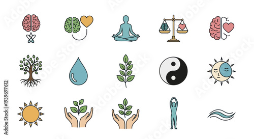 Collection of Wellness and Mindfulness Icons: Brain Heart Yoga Balance Nature.