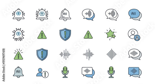 Colorful line art icon set for user interface notifications security alerts and audio communication.