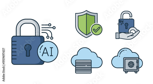 AI Cybersecurity and Cloud Data Protection Flat Icons Set.