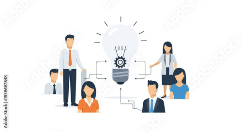 Teamwork and Innovation: People Connecting to a Central Lightbulb Idea.