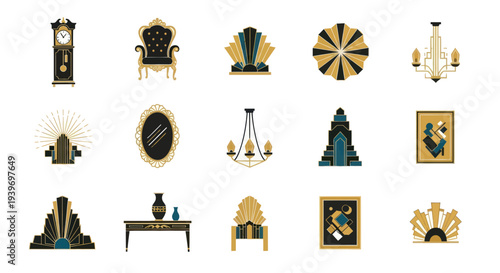 A collection of elegant Art Deco style furniture and interior decoration icons.