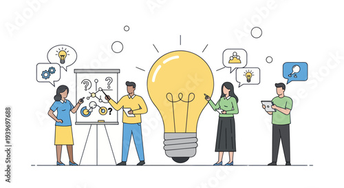 Creative business team collaborating on an innovative idea brainstorming around a giant lightbulb.