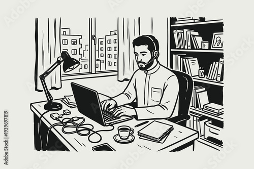 Man Working on Laptop with Headset in Home Office Line Art Sketch