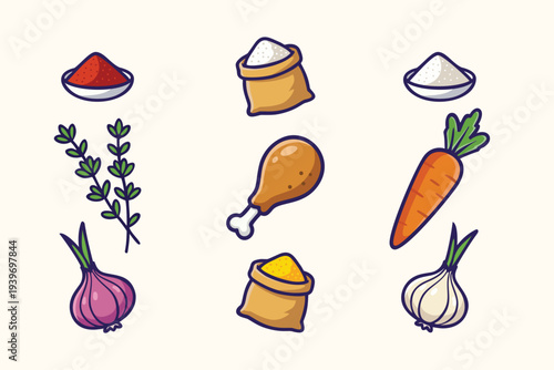 Kitchen Cooking Ingredients and Spices Cartoon Illustration Set