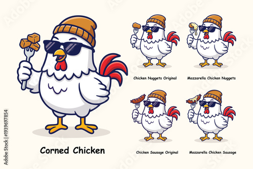 Cool Chicken Mascot Holding Fork with Sausage and Nuggets