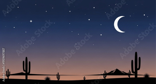 Night Desert Landscape with Cacti and Crescent Moon.