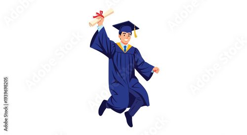 Joyful graduate student celebrating academic success while triumphantly jumping high in the air