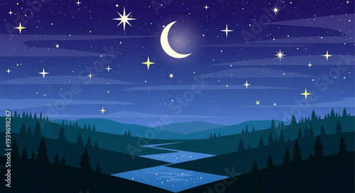 Serene Night Sky with Crescent Moon and Stars Over Forest Landscape.