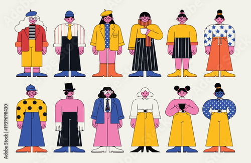 Diverse set of twelve cartoon people in various fashionable outfits