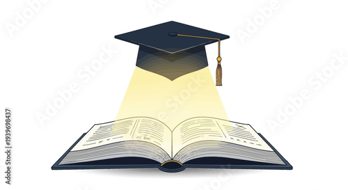 Graduation cap illuminates an open textbook symbolizing knowledge achievement and academic success