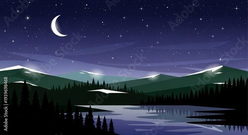 Serene Night Landscape with Crescent Moon and Starry Sky.