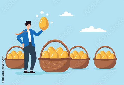 Flat illustration of businessman holding golden egg and filling baskets representing wealth strategy diversification and financial security