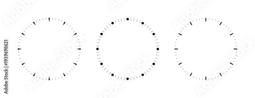 Blank clock face template set with hour and minute markers, precise time scale signs, round analog clock timer, circle dial watch faces symbols isolated on transparent background, vector illustration.