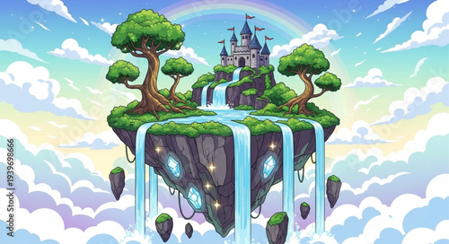 Floating Island with Castle and Lush Trees in Sky.