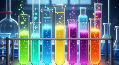 Colorful Laboratory Test Tubes with Bright Liquids.