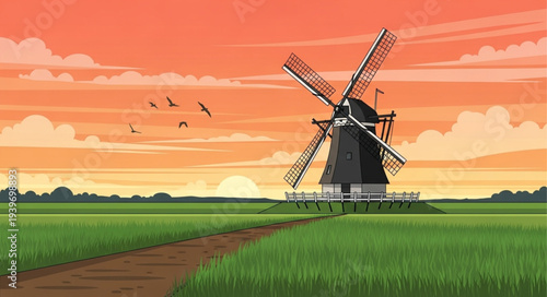 Traditional Windmill in a Scenic Landscape at Sunset.