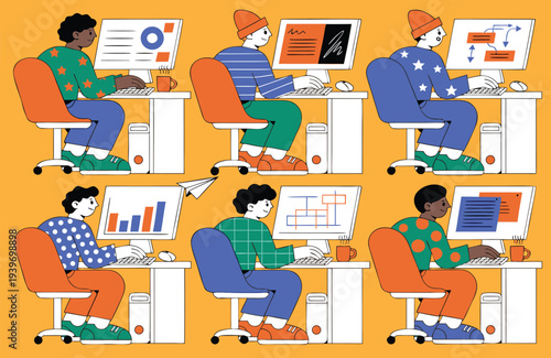 Remote employees working on computers in digital coworking network in