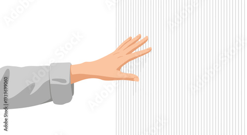 A human hand with a gray sleeve is reaching out horizontally towards a background with subtle vertical gray stripes.