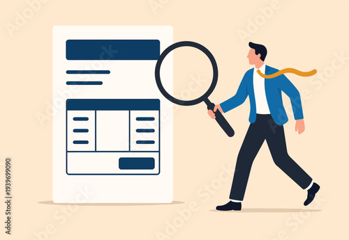 Invoice, bill or total amount to pay for service, charge for price calculation or finance payment system, accounting, quotation and receipt concept, businessman holding magnifier on invoice document