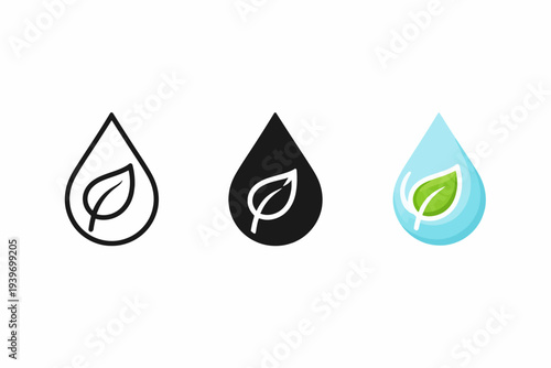 Eco-friendly leaf icons: black, white, and blue teardrop designs symbolizing sustainability