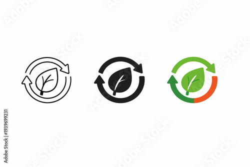 Recycling symbol logos with leaf variations in monochrome and color