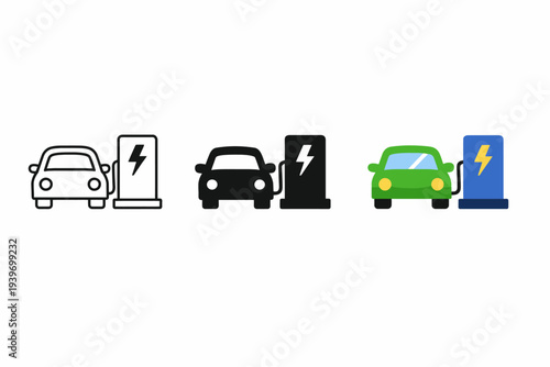 Electric car charging icons in various styles and colors