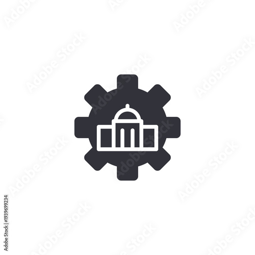 Gear and building icon representing smart industry, automation systems, engineering solutions, and modern technological infrastructure development.