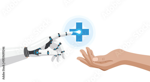 A sleek robotic hand is offering a glowing blue digital cross symbol towards an open, cupped human hand on a white background.