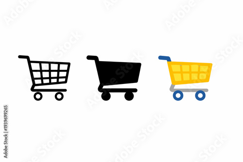 Set of three shopping cart icons: outline, filled, colored variations