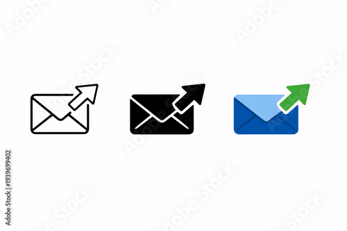 Email icon set with upward arrows: outline, solid, color variations
