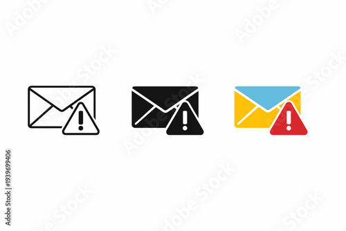 Email alert icons with exclamation marks in three color variations