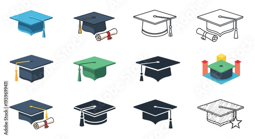 Diverse collection of academic graduation caps and diplomas representing education, achievement, and success.