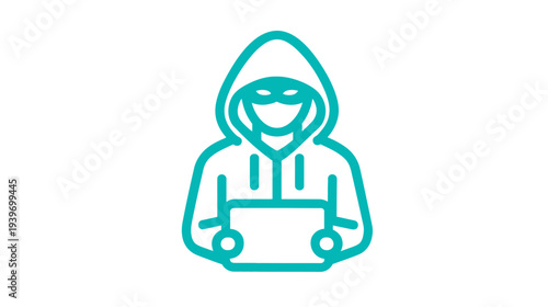 Hacker icon with laptop, masked person in hoodie for cybersecurity, digital crime, anonymity, and online threat concept.