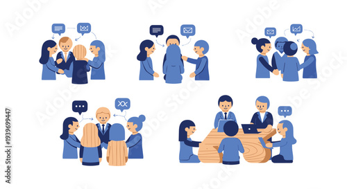 Multiple cartoon-style groups of diverse people are actively communicating and collaborating in various settings with speech bubbles.