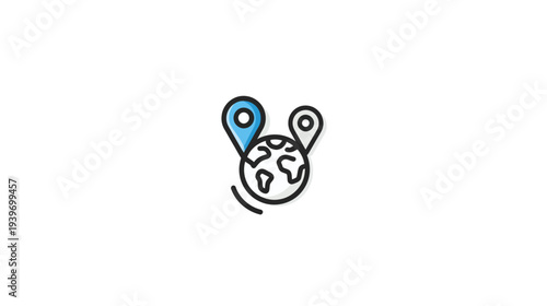Global location pinpoint icon with two map markers on a stylized Earth, representing travel, navigation, international destination, and world exploration.