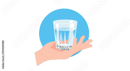 A single hand with light skin tone is holding a clear glass filled with water against a prominent blue circular background.