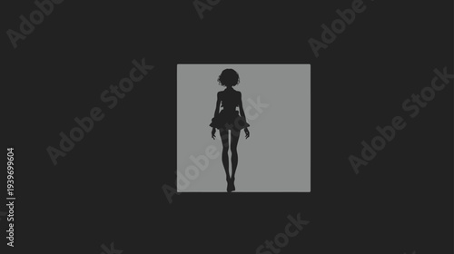 Minimalist black silhouette of elegant woman walking, short hair and dress, graphic icon on grey square, mysterious female figure.