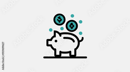 Piggy bank icon with falling coins, symbolizing saving money, financial growth, investment, and personal finance management.