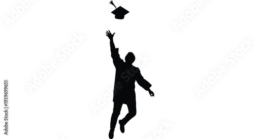 A triumphant graduate's silhouette joyfully tossing their academic cap high in the air after achieving success.