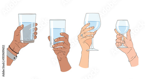 Four diverse hands are holding various types of clear glasses filled with water, presented against a clean white background.