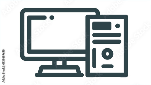 Desktop Computer Outline Icon with Monitor and Tower. Digital Technology, Office Workstation, PC Hardware Illustration