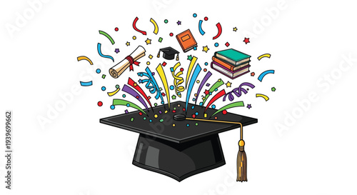 Black graduation cap explodes with colorful confetti books and diploma signifying academic achievement
