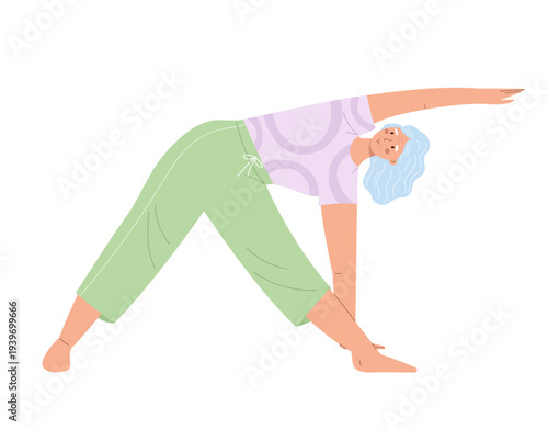 Senior woman practicing yoga. Elderly female in Trikonasana or Triangle pose isolated on white background. Design element for active aging and wellness lifestyle.