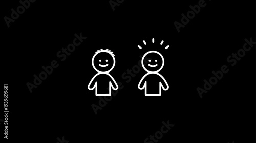 Creative idea concept with two simple smiling people icons on a black background representing innovation, inspiration, and thinking.