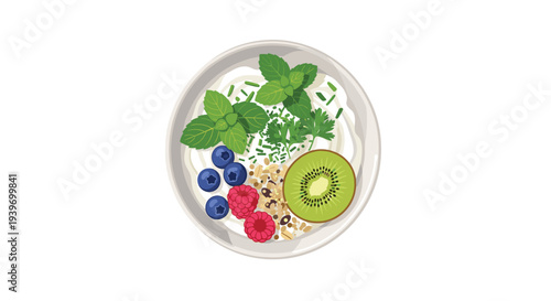 A single bowl of cottage cheese is garnished with fresh mint, parsley, blueberries, raspberries, and a sliced kiwi.