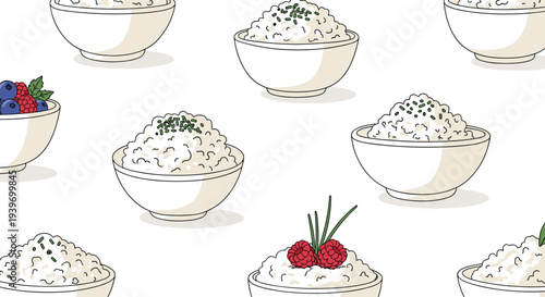 A seamless pattern displays multiple white bowls filled with cottage cheese topped with chives, raspberries, and blueberries.