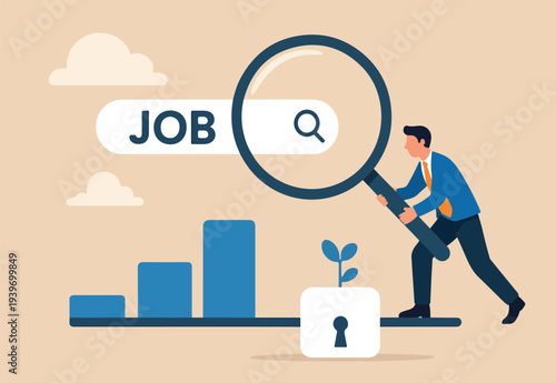 Search and discovery career opportunity, search for new job, find resource or job vacancy, support or career development advice, finding solution, businessman with magnifying glass help search job