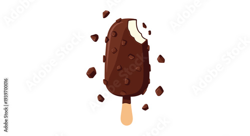 A chocolate-coated popsicle, studded with nuts and featuring a bite, is floating with scattered fragments.