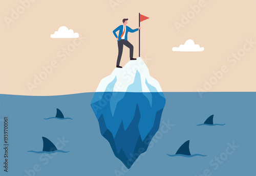 Success iceberg illusion, only success story visible, risk or failure hidden underwater, achievement or leadership concept, success businessman holding flag at peak of iceberg above hidden danger.