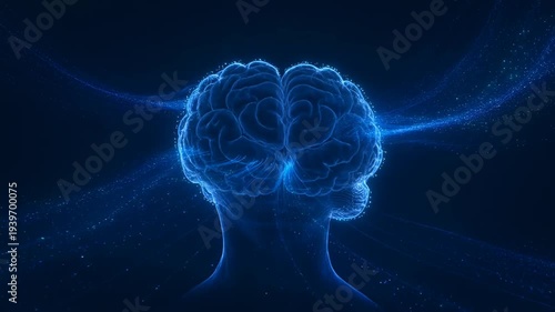 Abstract glowing blue brain with electric impulses on human figure background
